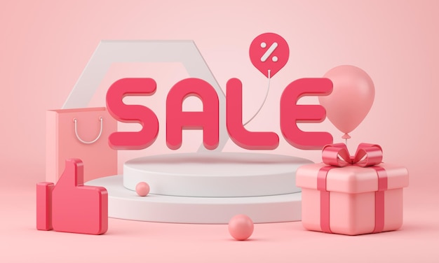 Sale 3d rendering of gift box with balloon