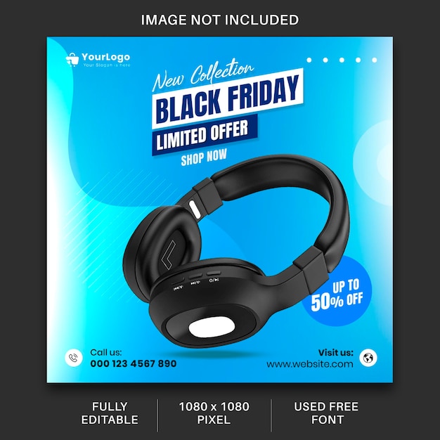 Sale Banner Social media post Instagram template black headphone blue background black friday