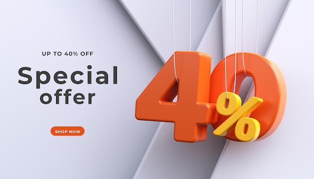 Sale banner template psd 40 percent discount 3d render