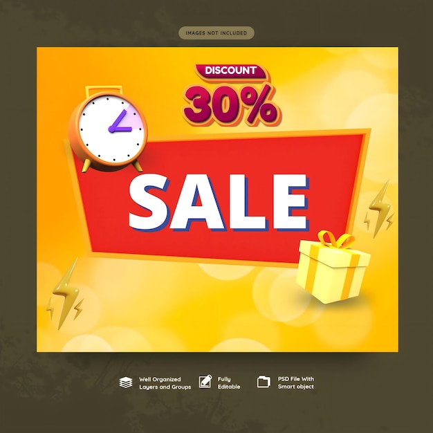 PSD sale banner with clock and gifts on yellow background