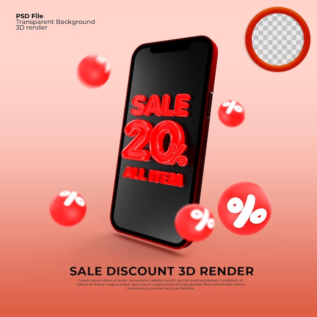 Sale discount 20 percentage in phone mockup 3d render black and red colors