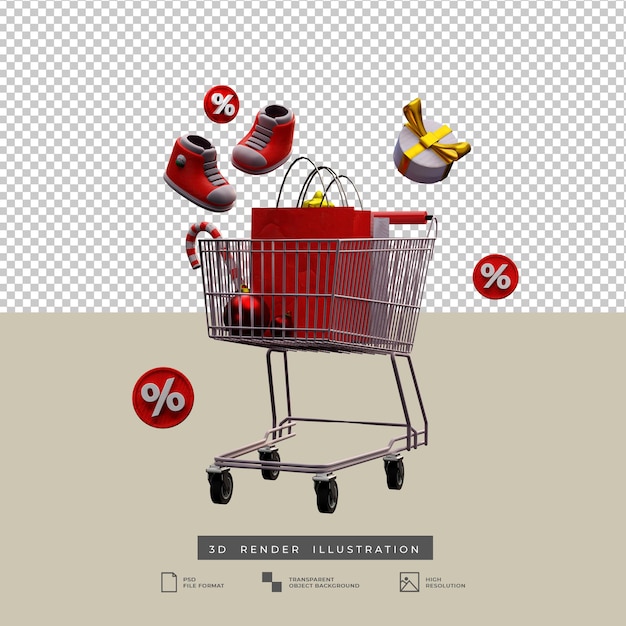 Sale discount icon shopping cart christmas theme with candy and gold bow gift box 3d illustration