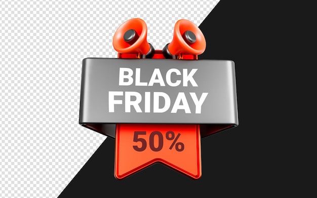 PSD sale label sticker with megaphone on dark background 3d render concept for black friday announced