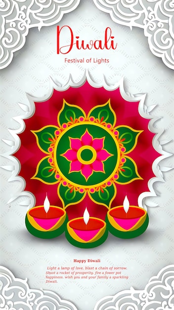 sale poster or banner for festival of lights diwali paper cut style of indian rangoli white back