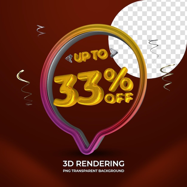 Sale promotion 33 percent off 3d rendering isolated transparent background