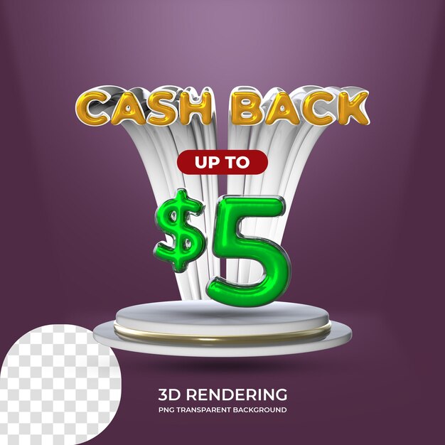 Modello di poster di promozione di vendita cash back 5 dollari rendering 3d