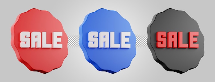 PSD sale sign red blue black illustration, transparent background for business. 3d render