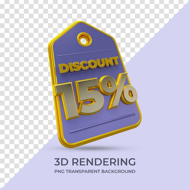 Sconto tag vendita 15% 3d rendering isolato sfondo trasparente