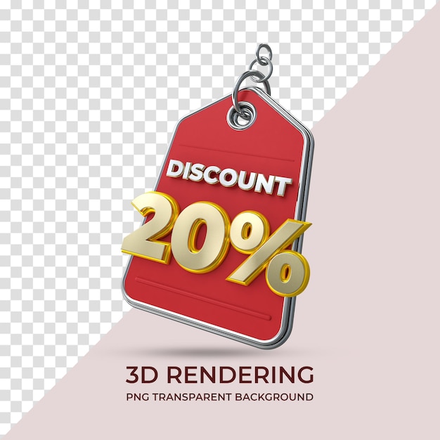 Sconto tag vendita 20 percento 3d rendering isolato sfondo trasparente