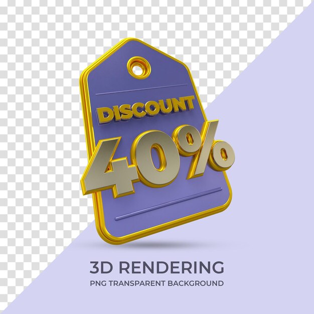 Sconto tag vendita 40% 3d rendering isolato sfondo trasparente