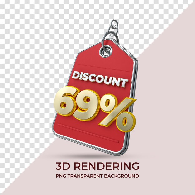 PSD sale tag discount 69 percent 3d rendering isolated transparent background