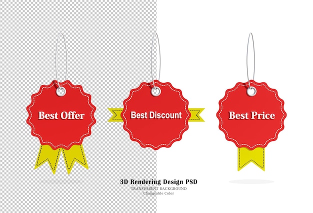 PSD sale tags.best offer, best price, best discount.red label tag and yellow ribbon 3d rendering.