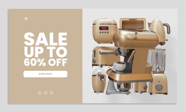 PSD sale web page template with coffee machine 3d render illustration