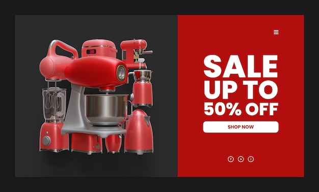 PSD sale web page template with stand mixer 3d render illustration