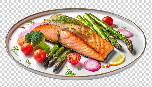 PSD salmon fillet with asparagus tomatoes and lemon on a transparent background