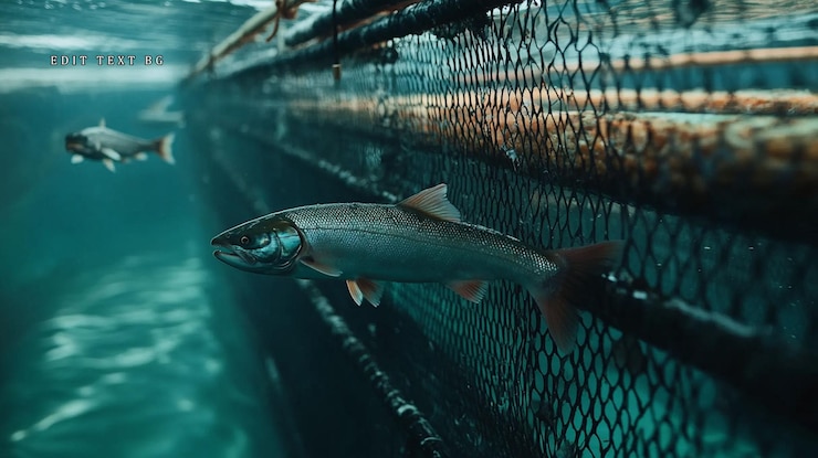 PSD salmon in a fish farm net enclosure underwater