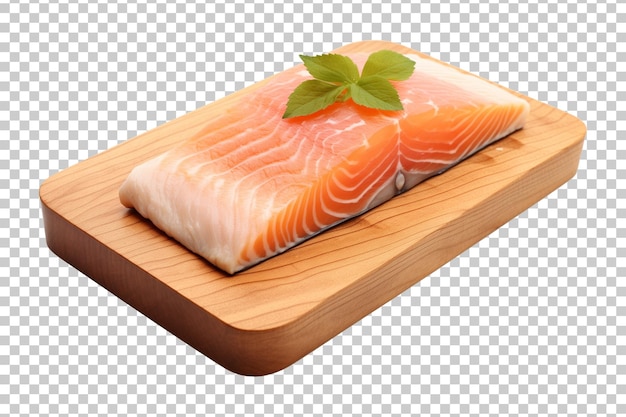 Salmon slice on wooden plate isolated on transparent background