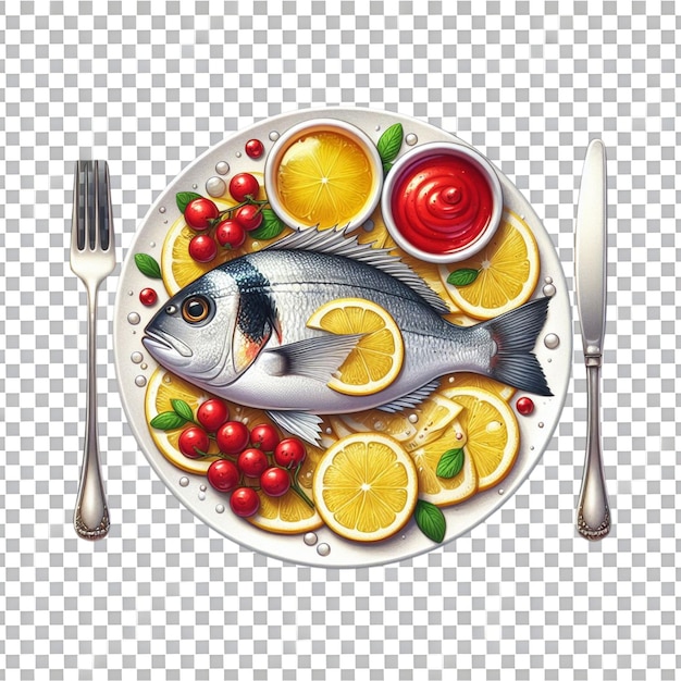 PSD salmone con salsa di limone e pomodoro illustrazione vettoriale realistica