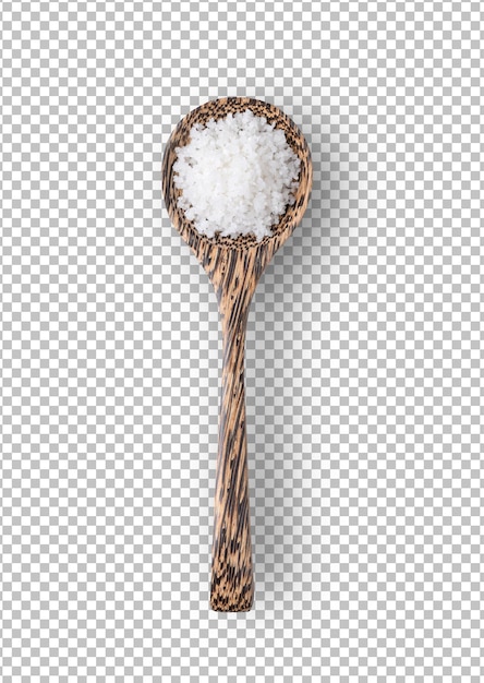 Salt in woodn spoon isolated on alpha layer