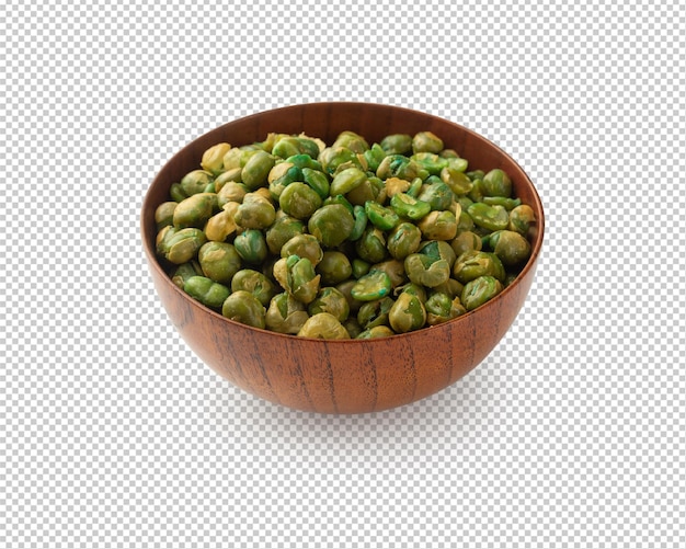 Salted green peas in wooden bowl, Cutout with shadow.