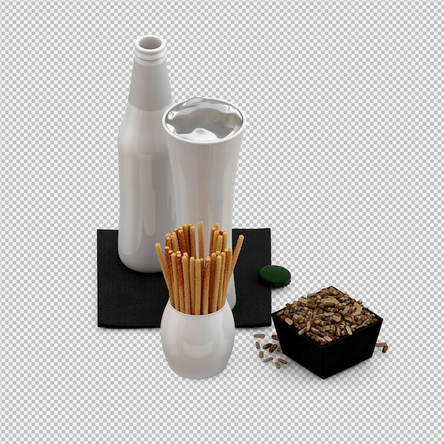 PSD salty sticks with glass and bottle 3d render