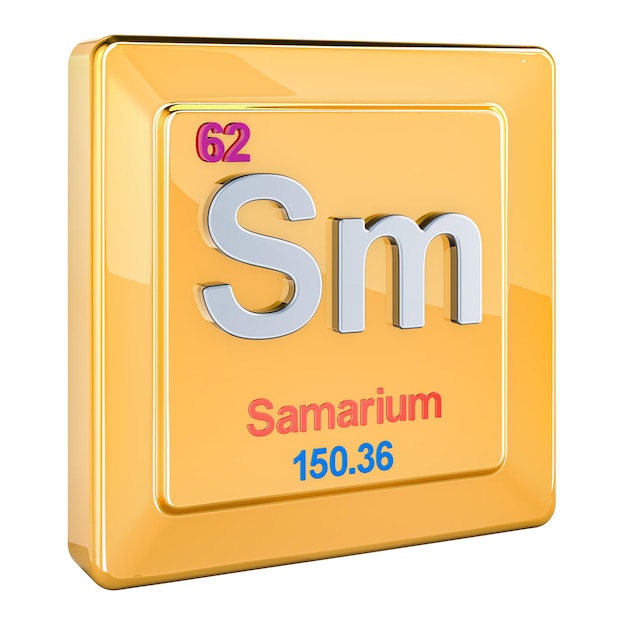 사마리움 (Samarium) 은 주기율표에서 62번을 가진 화학 원소 기호이며, 투명한 배경에 고립된 3D 렌더링이다.