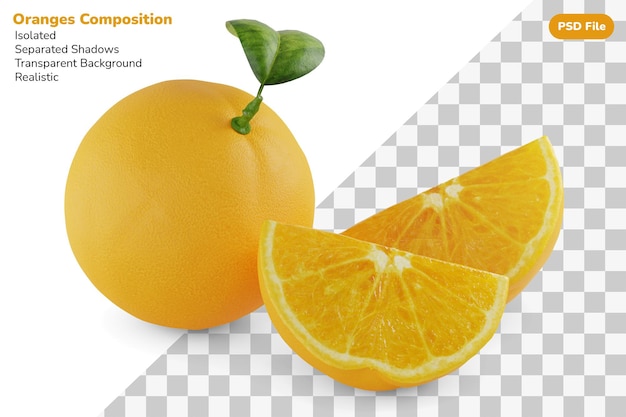 Samenstelling van geheel en twee gesneden gesneden sinaasappelen geïsoleerd