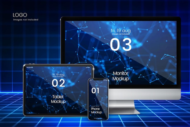 Samling af enhed mockups på neon grid baggrund