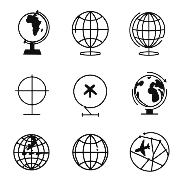 Samling af globusikoner og illustrationer, der viser jorden og globale koncepter