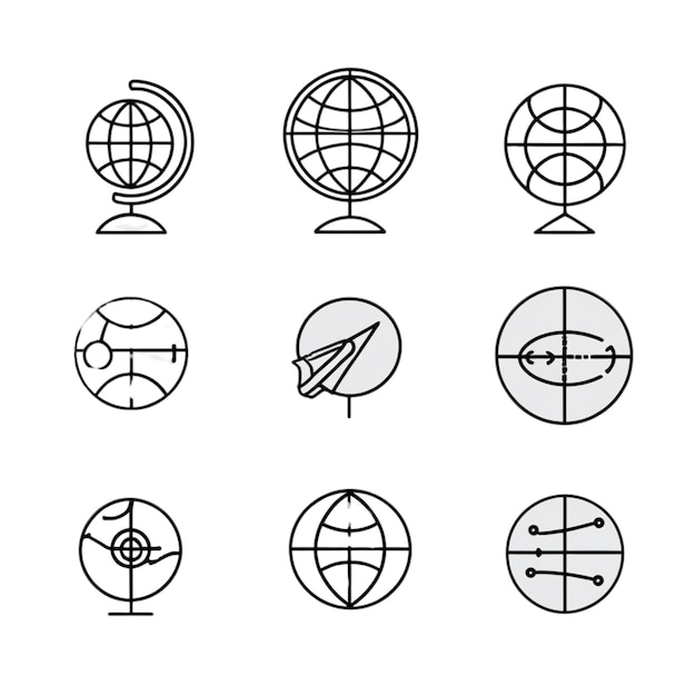 Samling af globusikoner og illustrationer, der viser jorden og globale koncepter