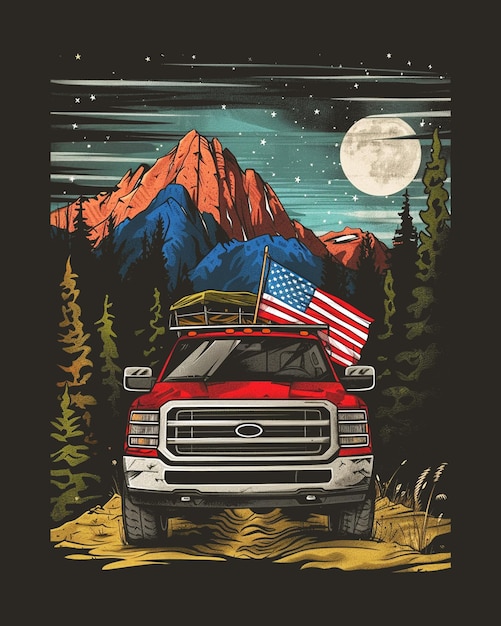 PSD samochód z amerykańską flagą na tle góry do projektowania plakatów