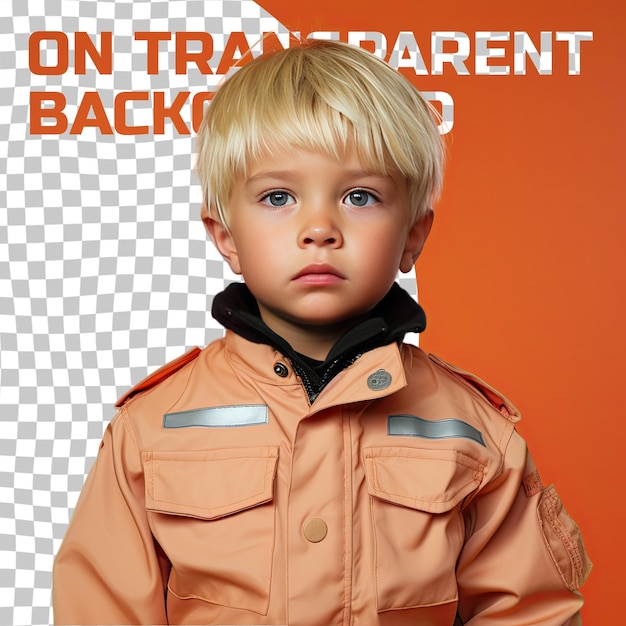 PSD samotny chłopiec w wieku przedszkolnym z blond włosami z azjatyckiej etniczności ubrany w strój sanitariusza pozuje w stylu holding collar of jacket na tle pastel tangerine