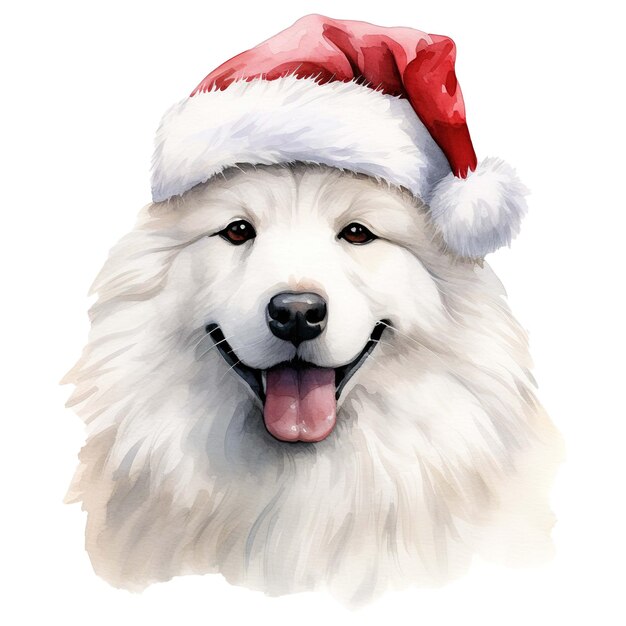 Samoyed with a santa hat on its head