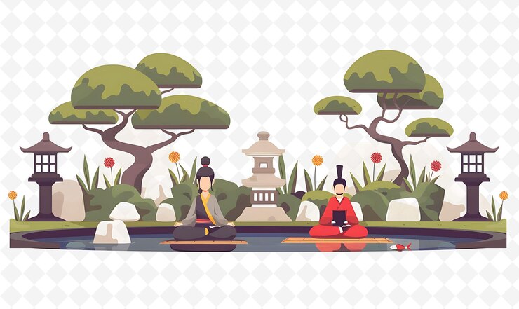 PSD samurai characters meditating in a garden design is traditio flat illustration festival theme art