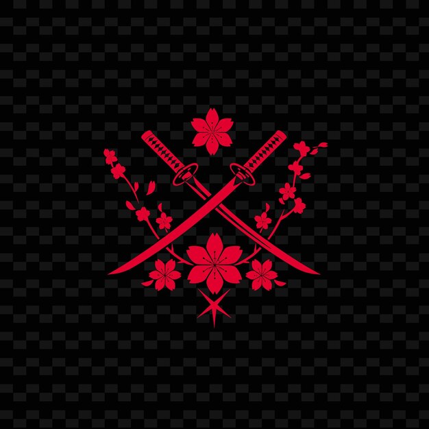 PSD logo del clan samurai mon con fiori di ciliegio e katana per i disegni vettoriali tribali creativi di dec