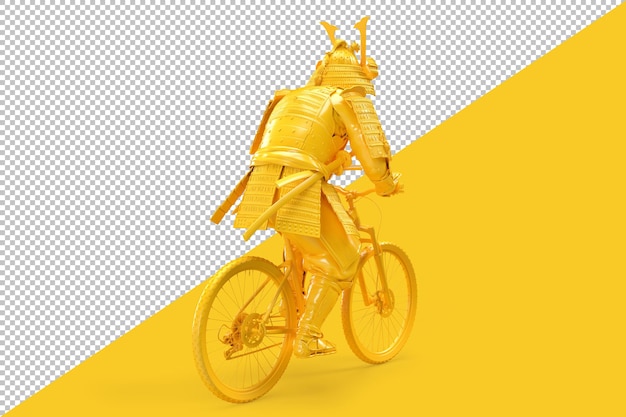 PSD samurai riding bicycle. rear view. 3d illustration