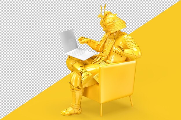 Samurai sitting on a chair with a laptop isolated