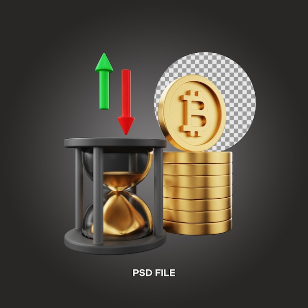 Illustrazione 3d dell'angolo sinistro di clessidra e bitcoin che rende l'icona 3d modificabile isolata