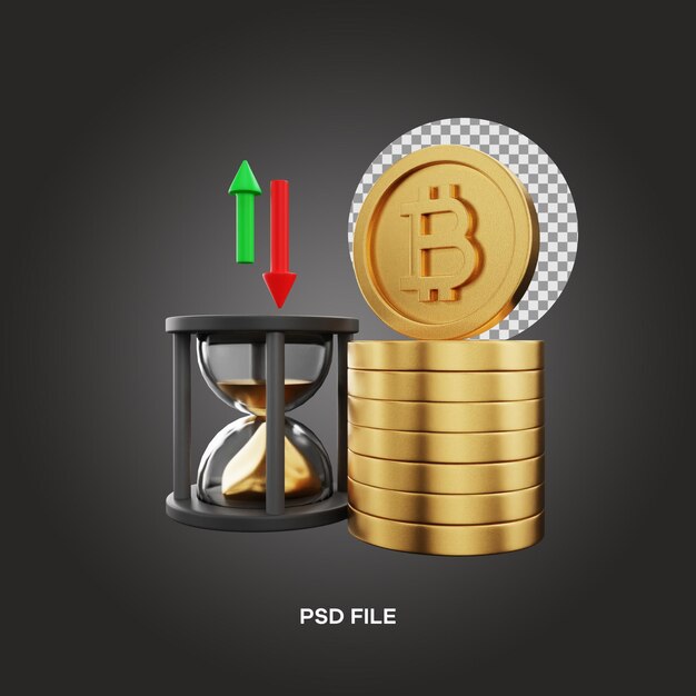 Sandglass and bitcoin right angle 3d illustration rendering 3d icon editable isolated