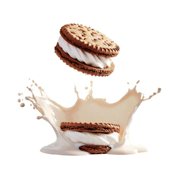 PSD sandwich cookie falling into milk splash