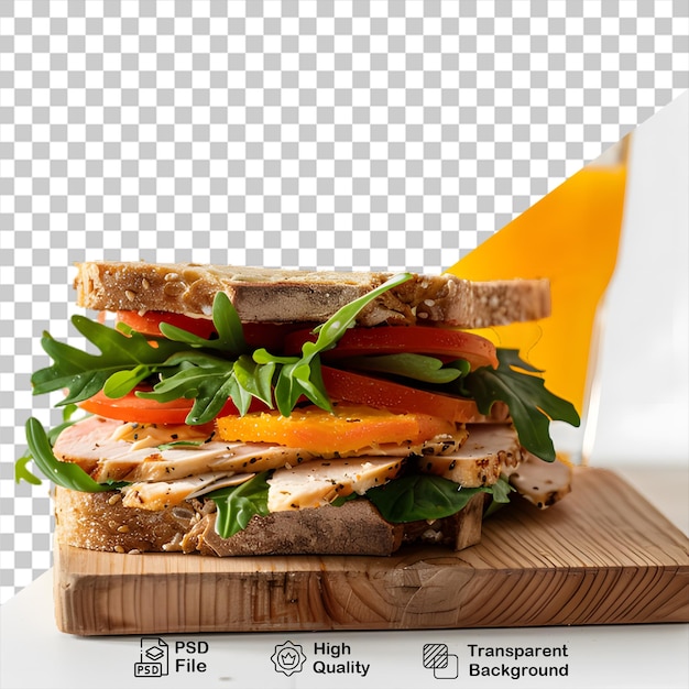 PSD sandwich met een glas sinaasappelsap op een houten plank geïsoleerd op een doorzichtige achtergrond