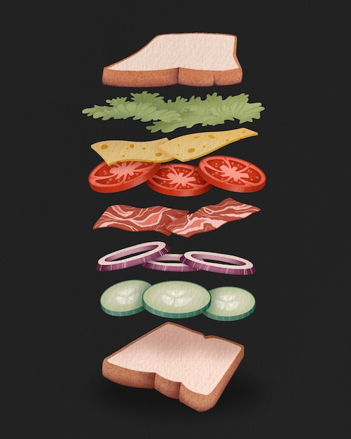 Sandwich per laag met de hand getekende illustratie recept voedsel illustratie fastfood