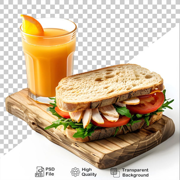 PSD sandwich with a glass of orange juice on a wooden board isolated on transparent background
