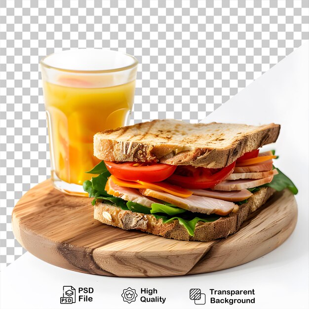 PSD sandwich with a glass of orange juice on a wooden board isolated on transparent background