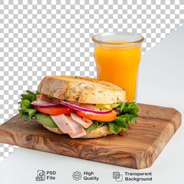 Sandwich with a glass of orange juice on a wooden board isolated on transparent background