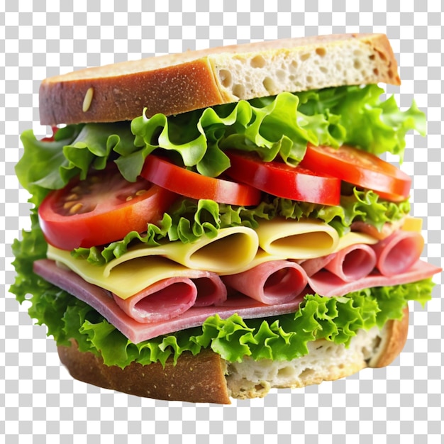 Sandwich with ham cheese and vegetables isolated on transparent background