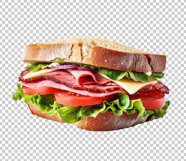 Sandwich with slice meat and cheese and lettuce salami tomato on white background