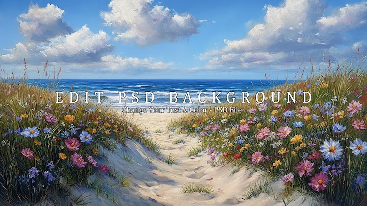 PSD a sandy path winds through a field of wildflowers leading to a calm ocean with a blue sky and fluffy clouds above