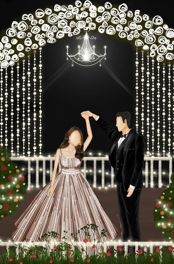 PSD sangeet night and cocktail invite with bride and groom caricature and sangeet setup decor chandelier