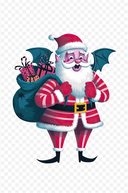 サンタがクリスマスツリーでプレゼントの袋を運んでいる